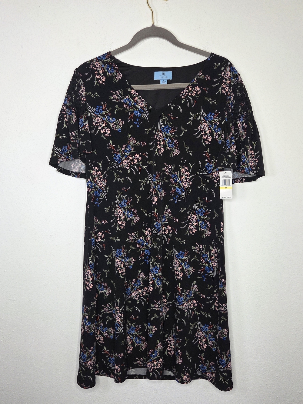 CeCe Black Floral Mini Dress with Pink and Blue Accents